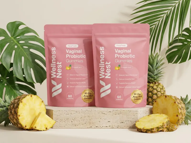 Two FloraFresh matte pastel-pink stand-up pouches on travertine stone with fresh pineapple slices