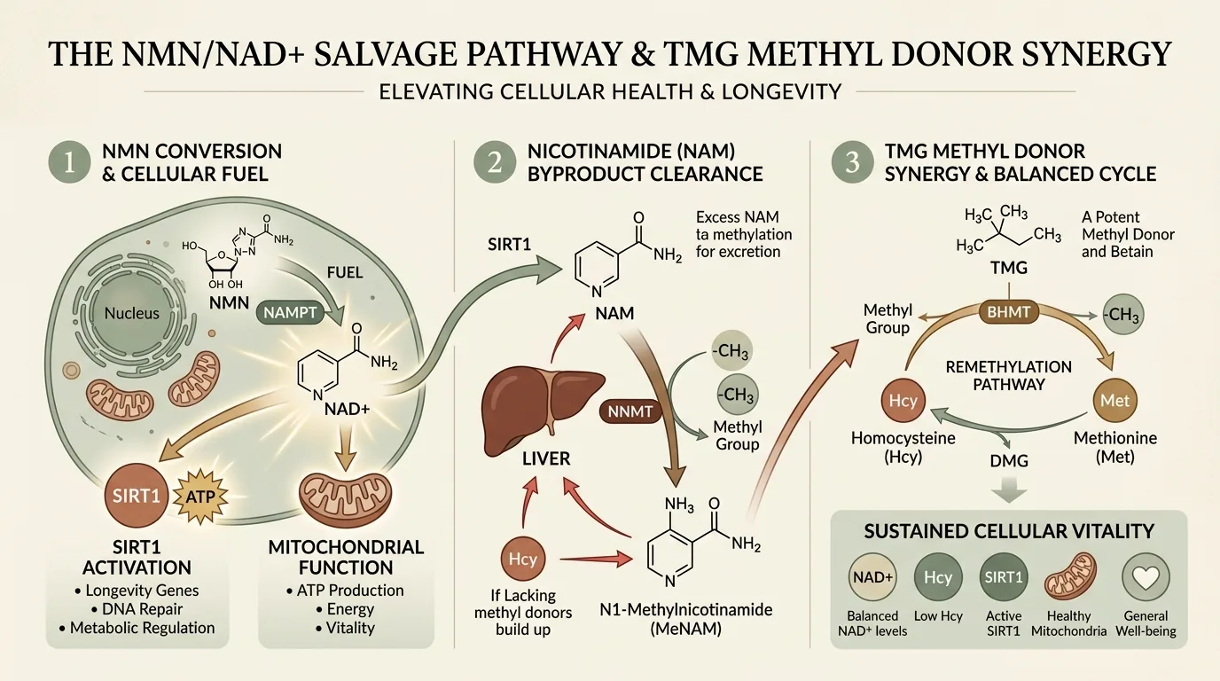 Cellular NAD+ fuel and methylation balance diagram
